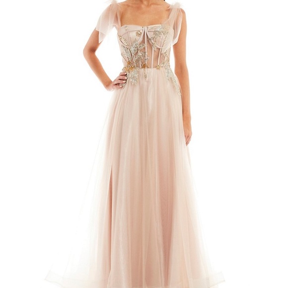 NEW GB Social Mesh Tie Shoulder Embellished Illusion Corset Gown Rose Gold Sz 17